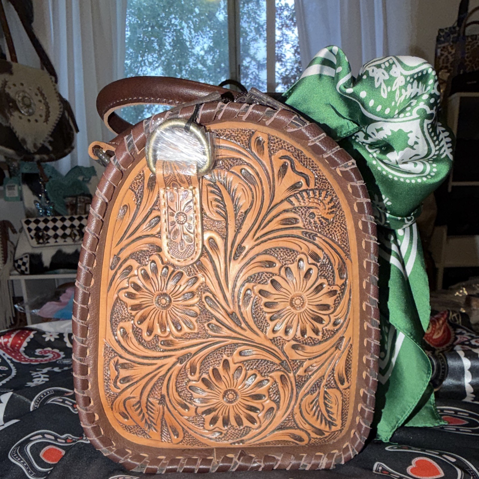 Handmade Tooled Floral Western Satchel Top Handle Zip Bag Brown Alien Charm