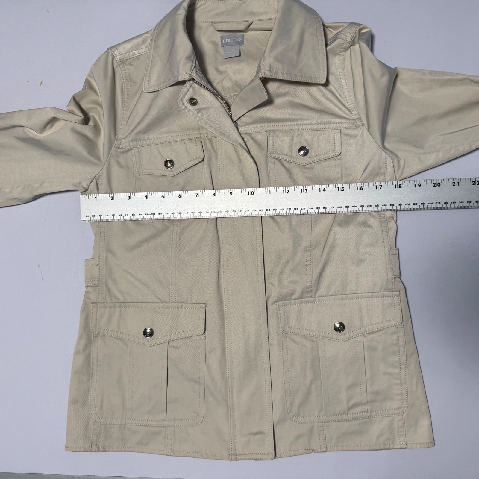Chicos Utility Jacket Beige Button Snap Pocket Collar Zip Women Size 0 4 6