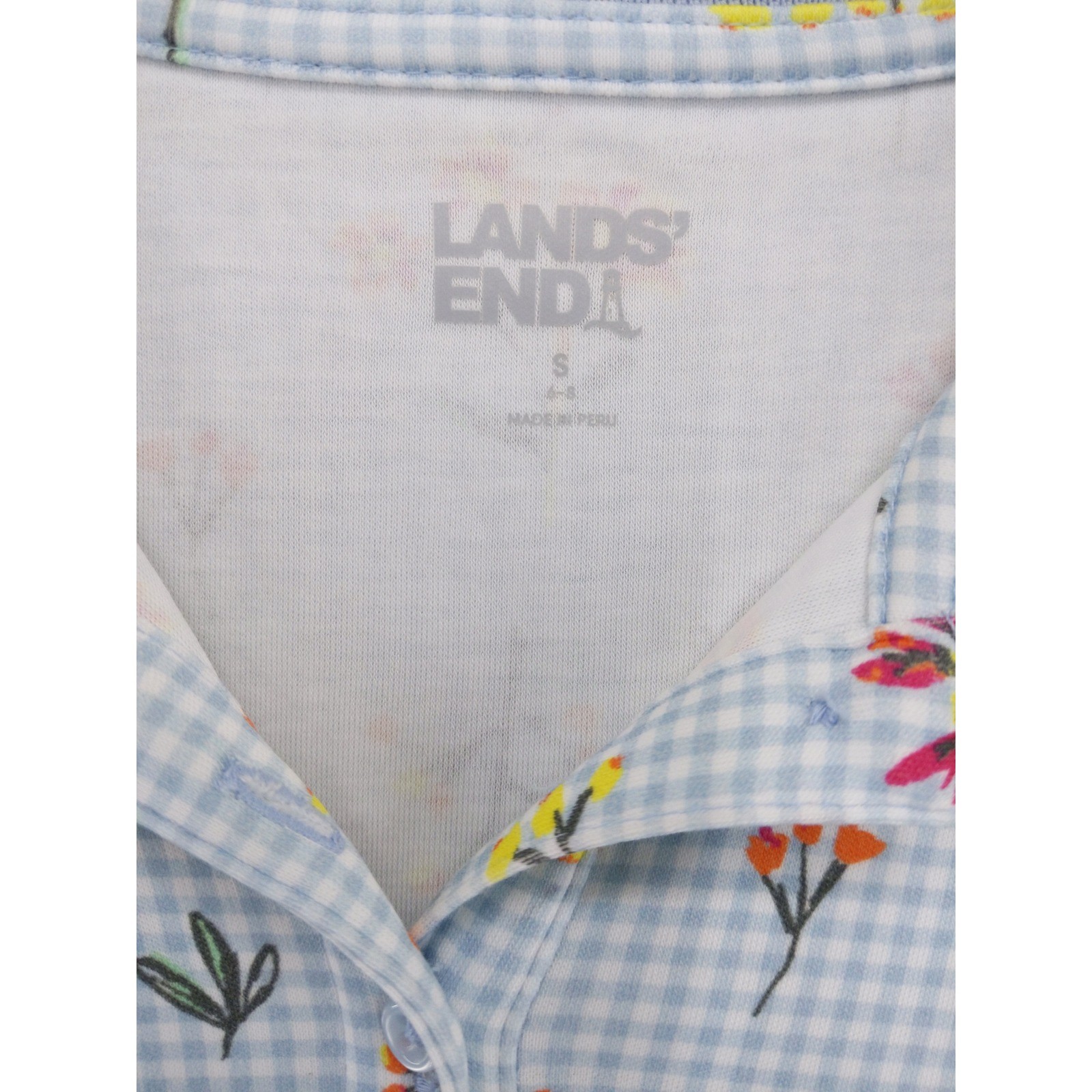 Lands’ End Polo Shirt Womens S Blue Floral Gingham 3/4 Sleeve Cotton Blend
