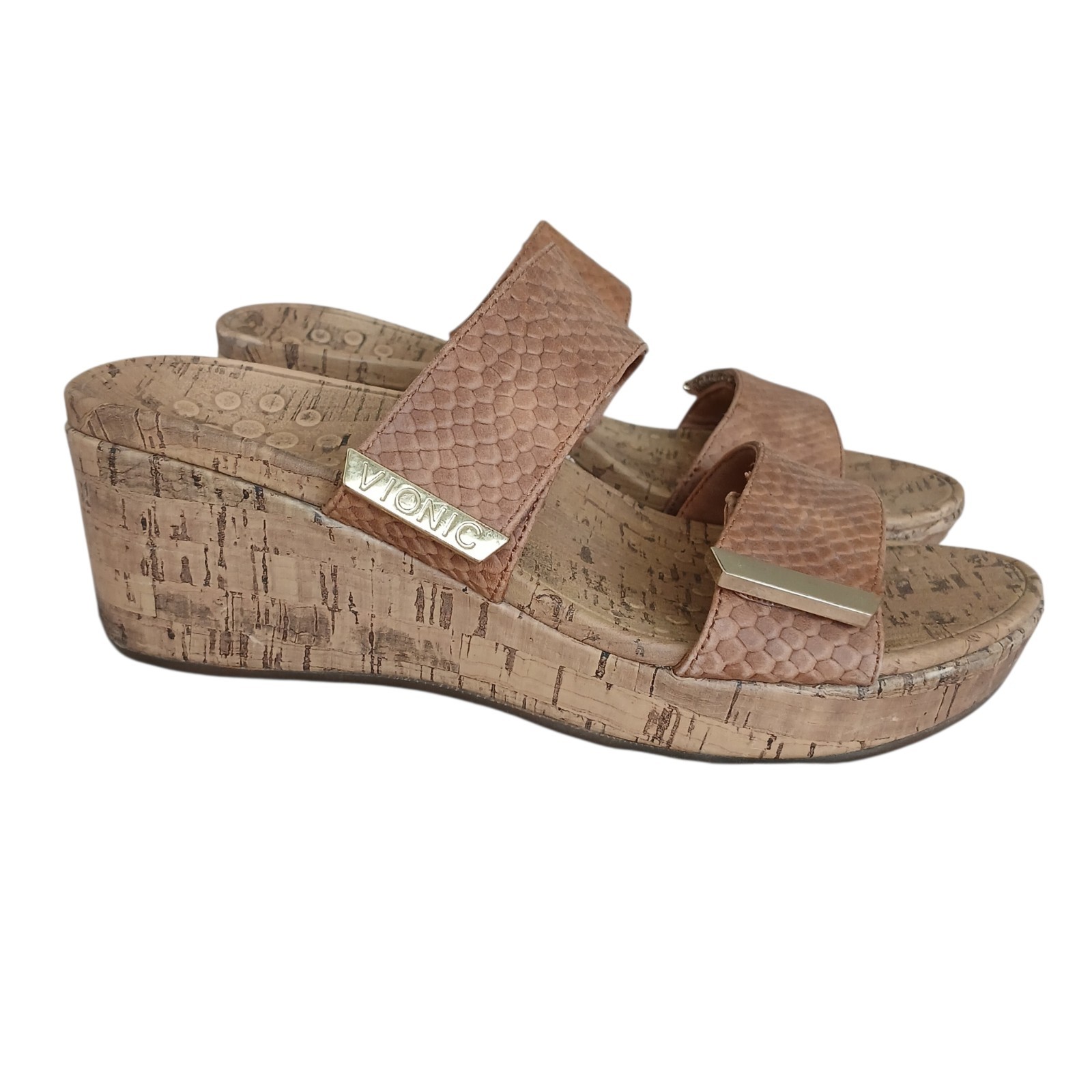 VIONIC Pepper Wedge Snakeskin Embossed Leather Sandals Women’s 8 Tan Comfort