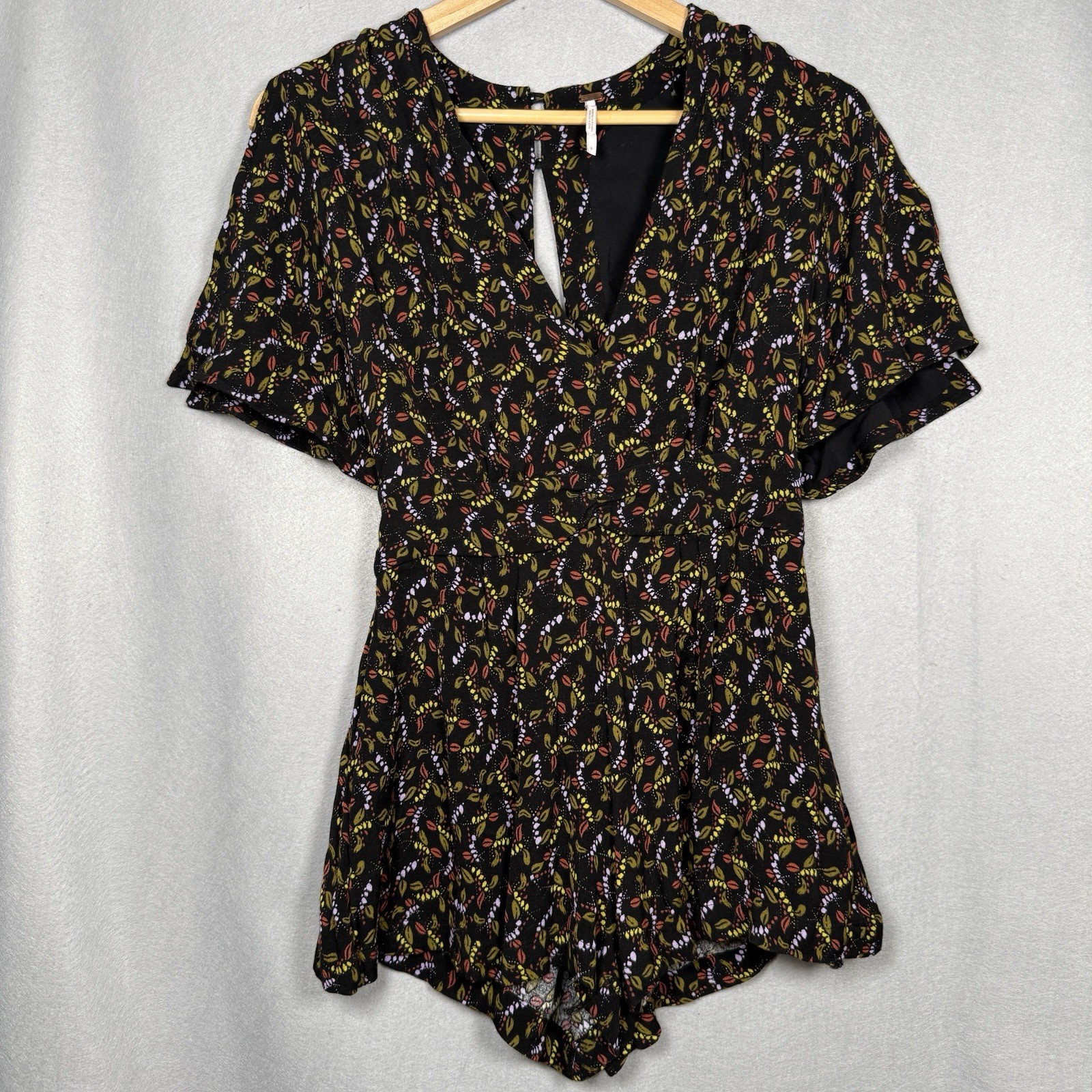 Free People Romper Boho Granola Dark Fairy Black Green Leaf Print Sz 0