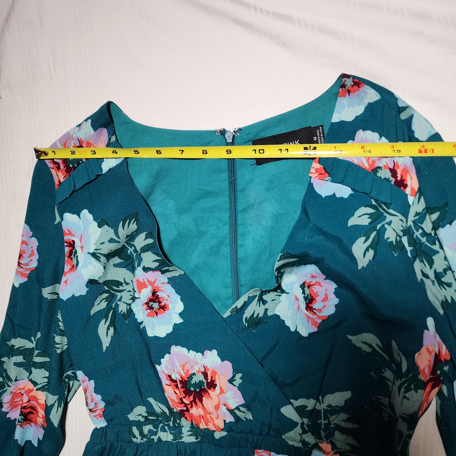 Minkpink Romper Womens Medium Green Pink Floral Short Long Sleeve Ruffles V Neck