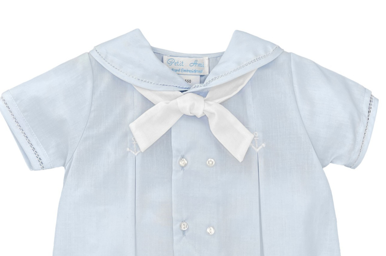 NWT Petit Ami Blue Sailor Collar Knot Romper 6 Months 6M Hat Baby Boys Bubble