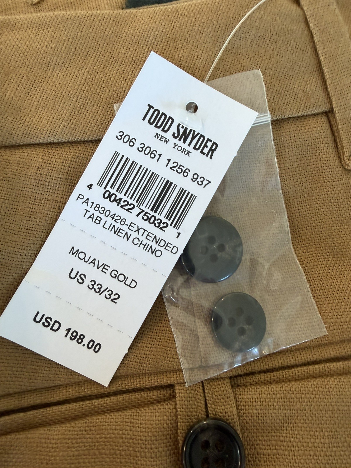 NWT Todd Snyder 100% Linen Extended Tab Chino Pants Mens 33×32 Mojave Gold color
