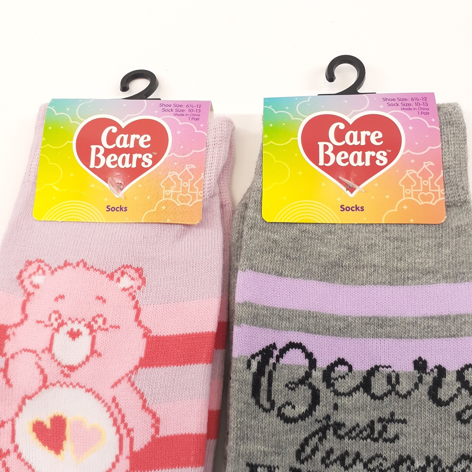 Care Bears Cartoon Mens Sz 6-12 Pink Gray 2 Pair Novelty Graphic Crew Socks NWT