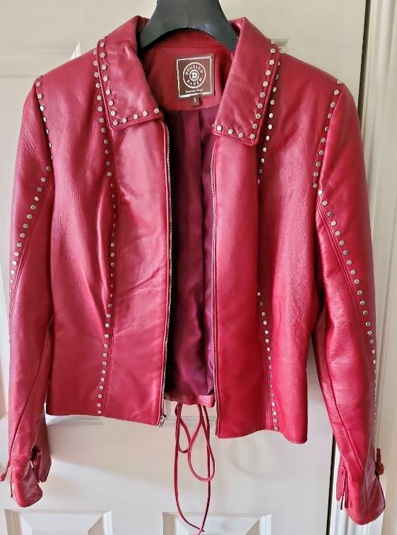 Double D Ranch Red Leather Studded Jacket Lace Up Back Western Biker Small