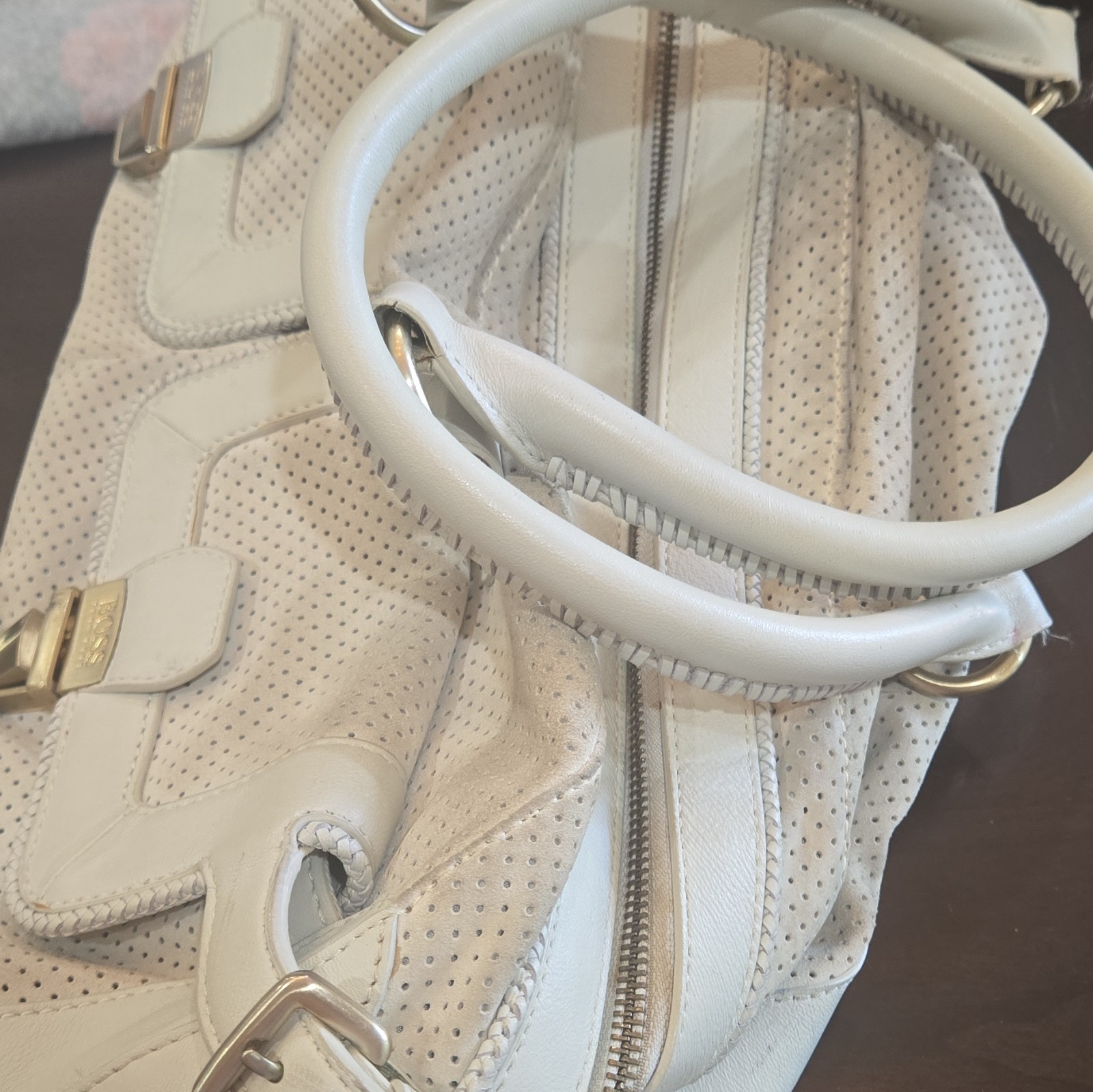 BOSS White Perforated Satchel Top Handle Gold Hardware Zip Push Lock Pockets