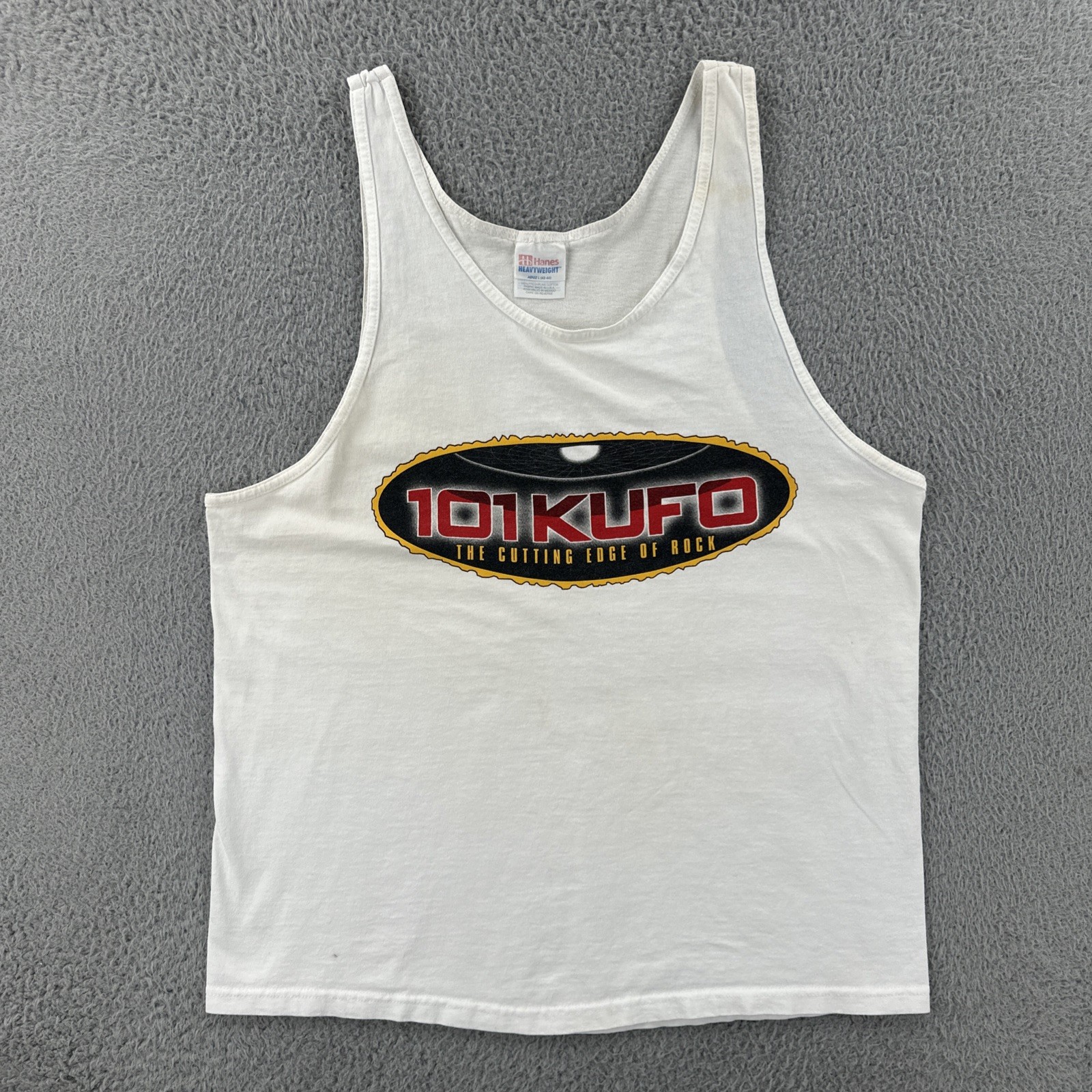 Vintage Hanes Men’s L White Sleeveless Shirt 101 KUFO the Edge Of Rock Radio Tee