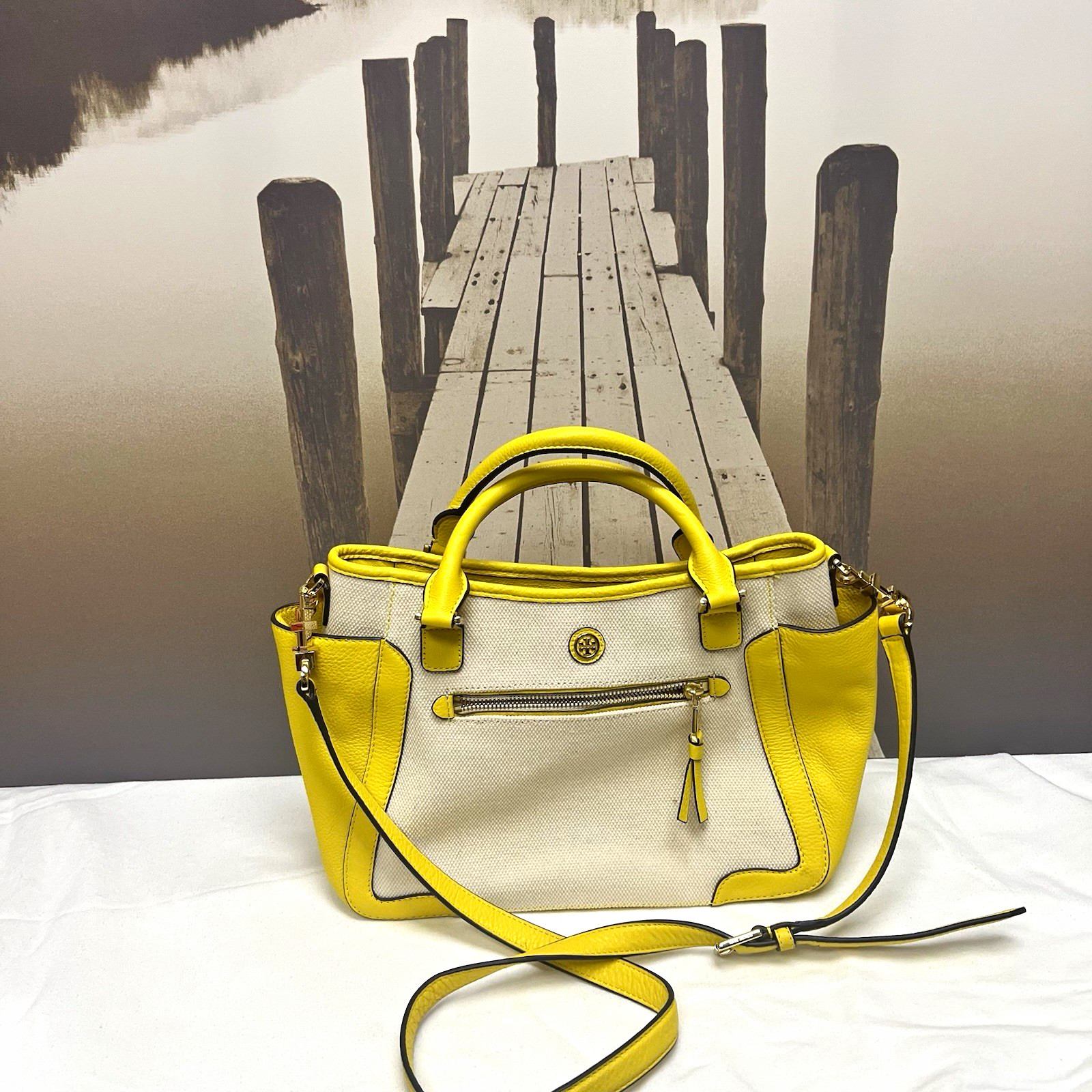 Tory Burch Yellow/Beige Satchel Top Handle Detachable Crossbody Zip Gold