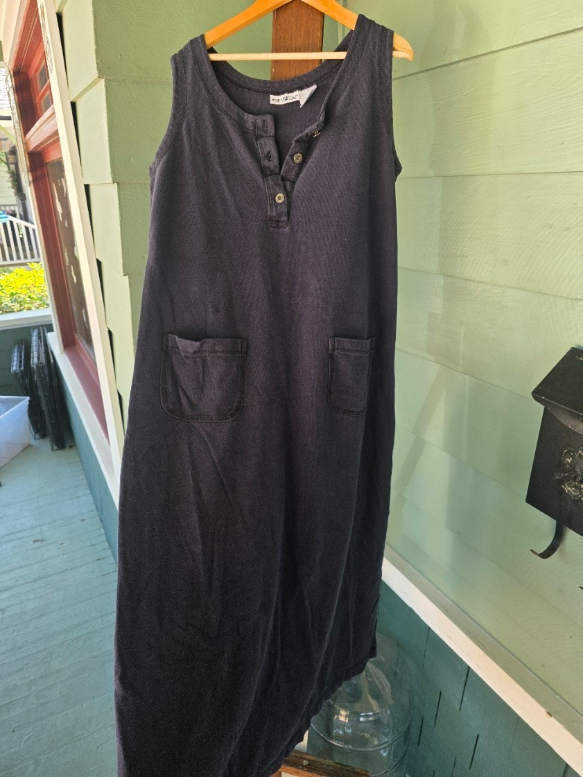 White Stag Navy Sleeveless Midi Dress Large 100% Cotton Button Pocket Casual