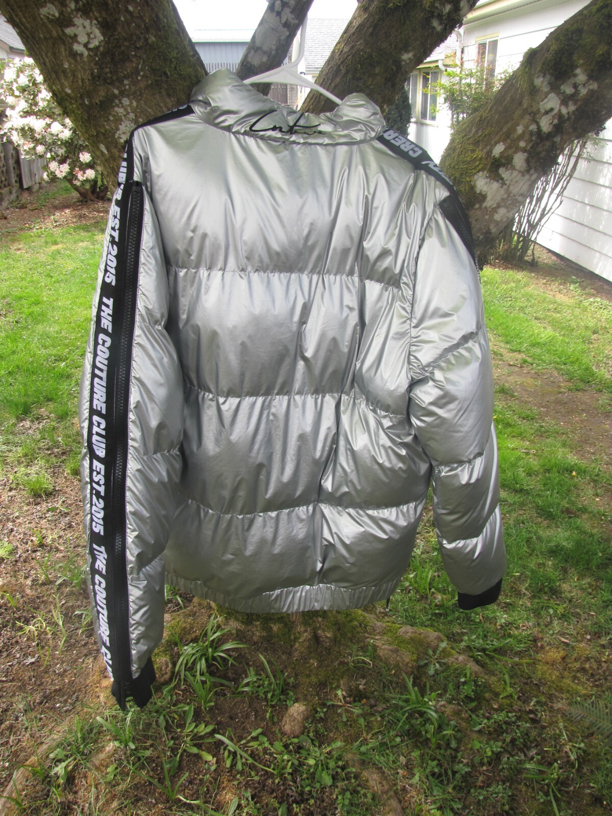 The Couture Club Designer Puffer Jacket Metallic Silver Size Large-RARE FIND!