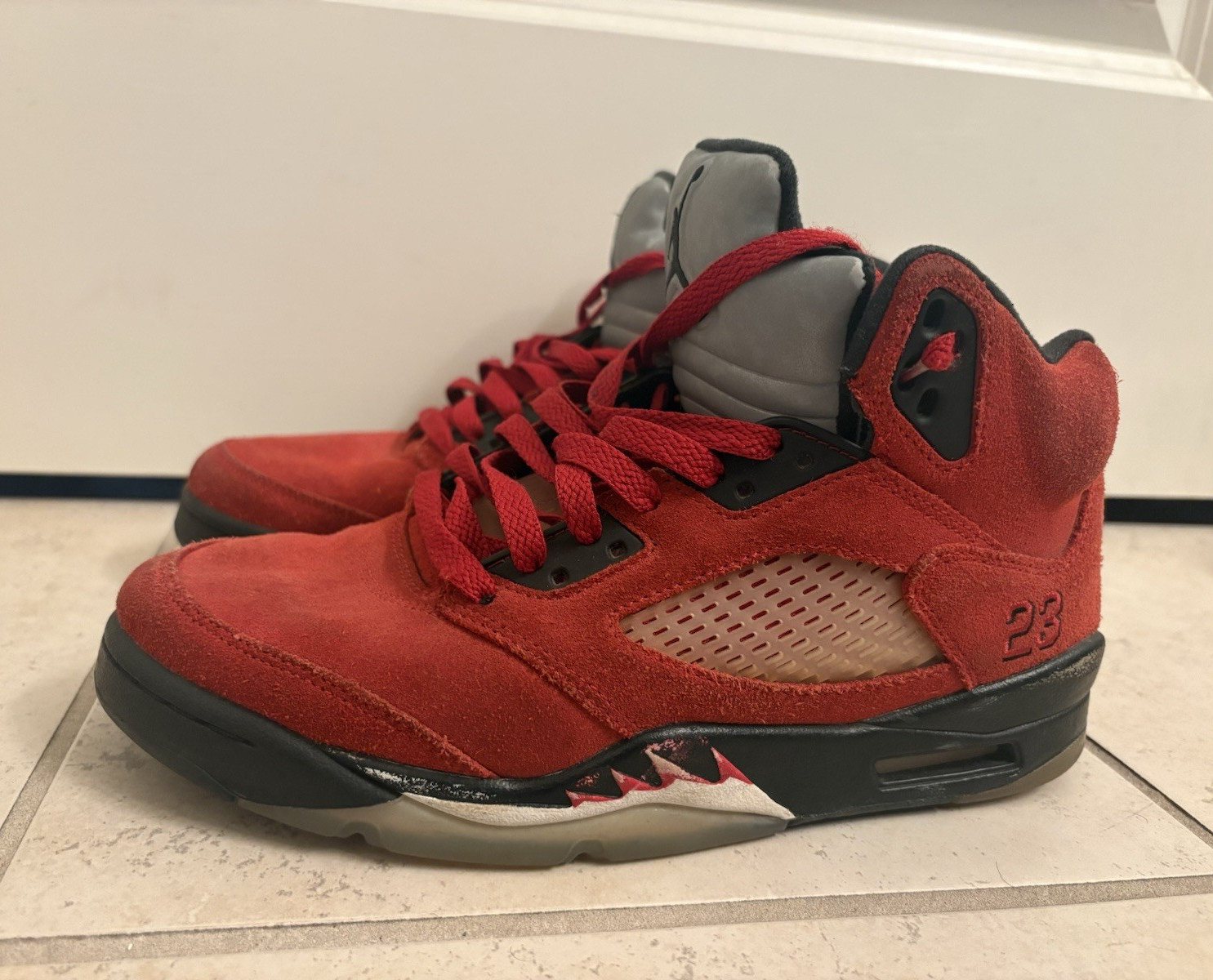 Jordan Air Jordan 5 Red/Black/Gray Suede Mid Top Basketball Sneakers Lace Up