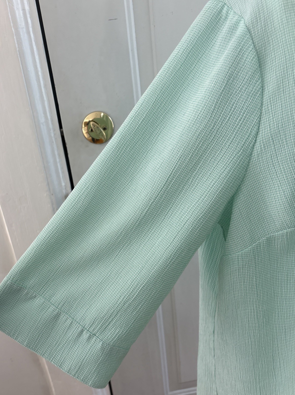 CJ Banks Blouse 3X Mint Green&White Check 3/4 Sleeves Button Down Casual READ!!!