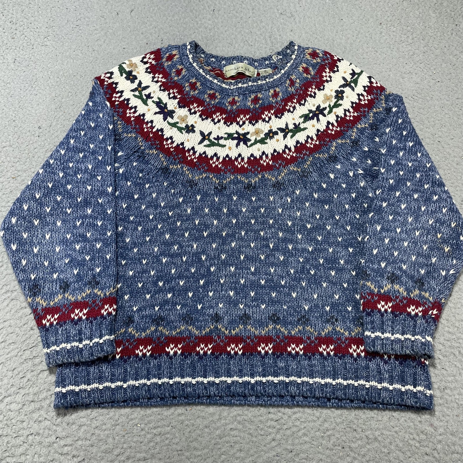 Vintage Northern Isles Sweater Womens Medium Blue Fair Isle Floral Knit Crewneck
