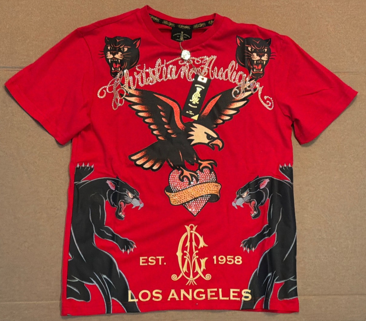NWT Christian Audigier Men’s Graphic Eagle Logo Rhinestone Red Shirt Size M