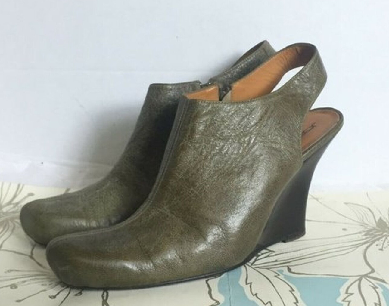 Jessica Bennett Dylan Green Leather Slingback Wedge Heels Sz 9 Italy Minimalist
