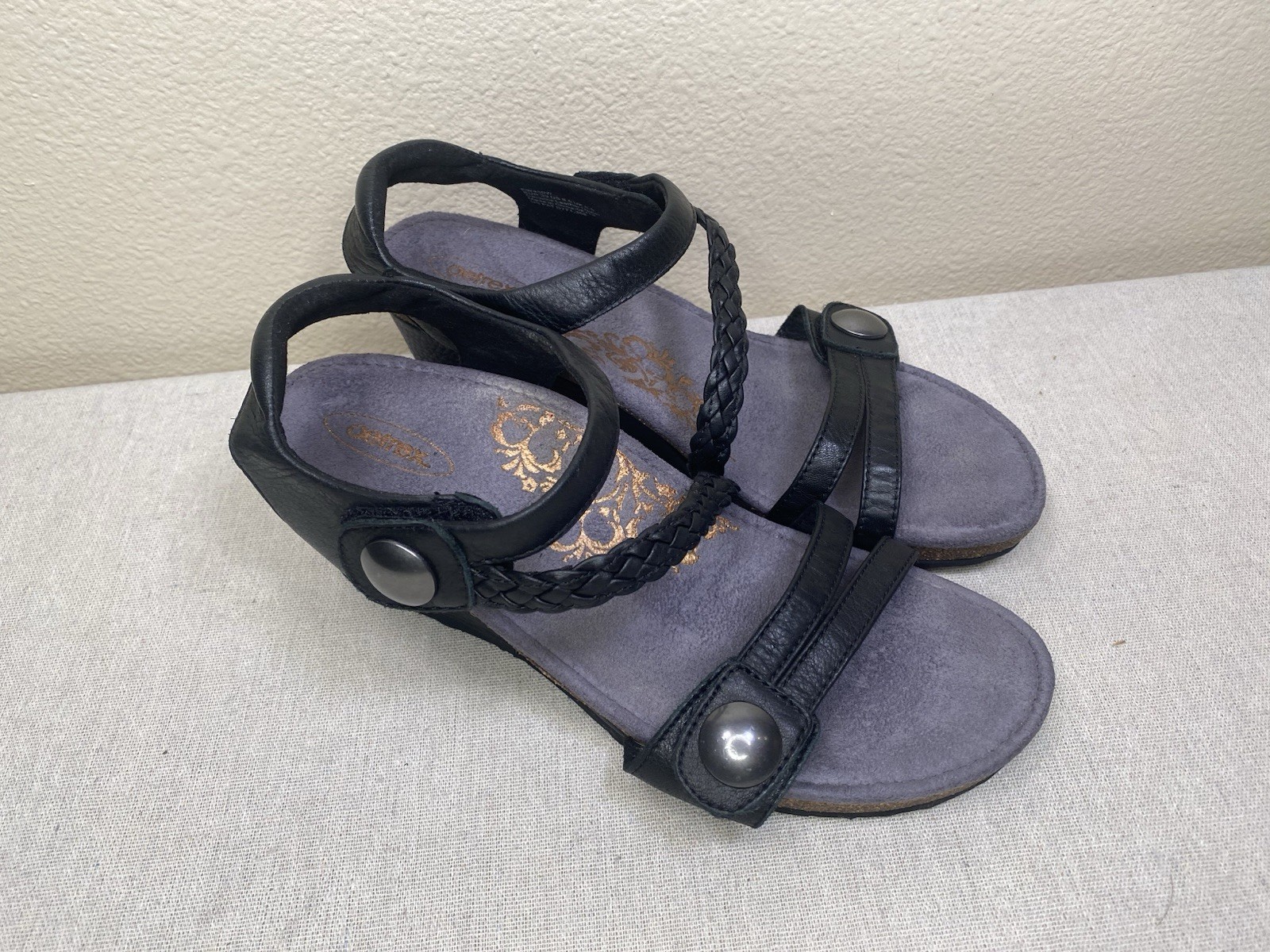 Aetrex Naya Black Leather Braided Strap Comfort Sandals Womens 8.5 EW450W
