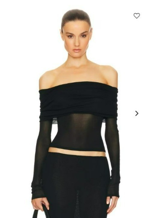 HELSA Revolve Black Sheer Knit Off The Shoulder Top Mesh Jersey Long Sleeve