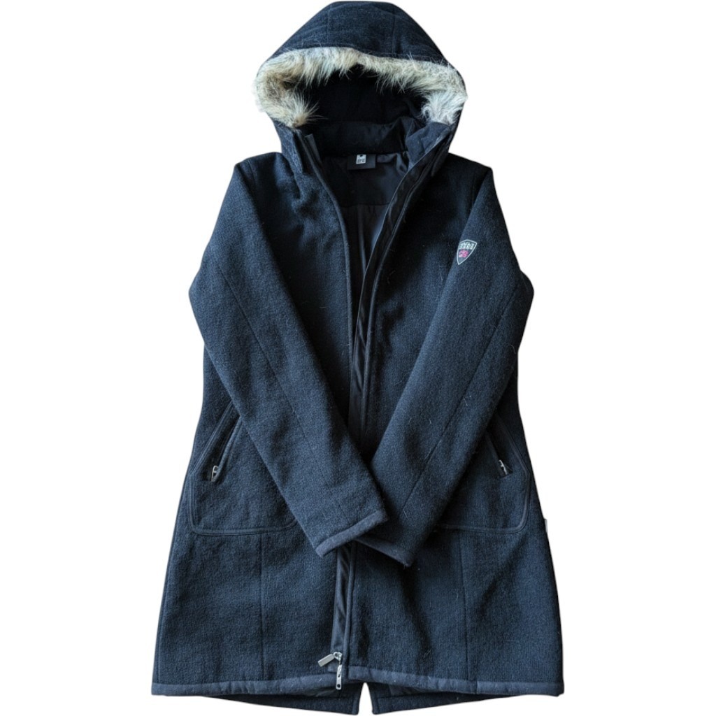 Dale of Norway Womens XL Black Wool Hooded Parka Faux Fur Trim Knit Jacket
