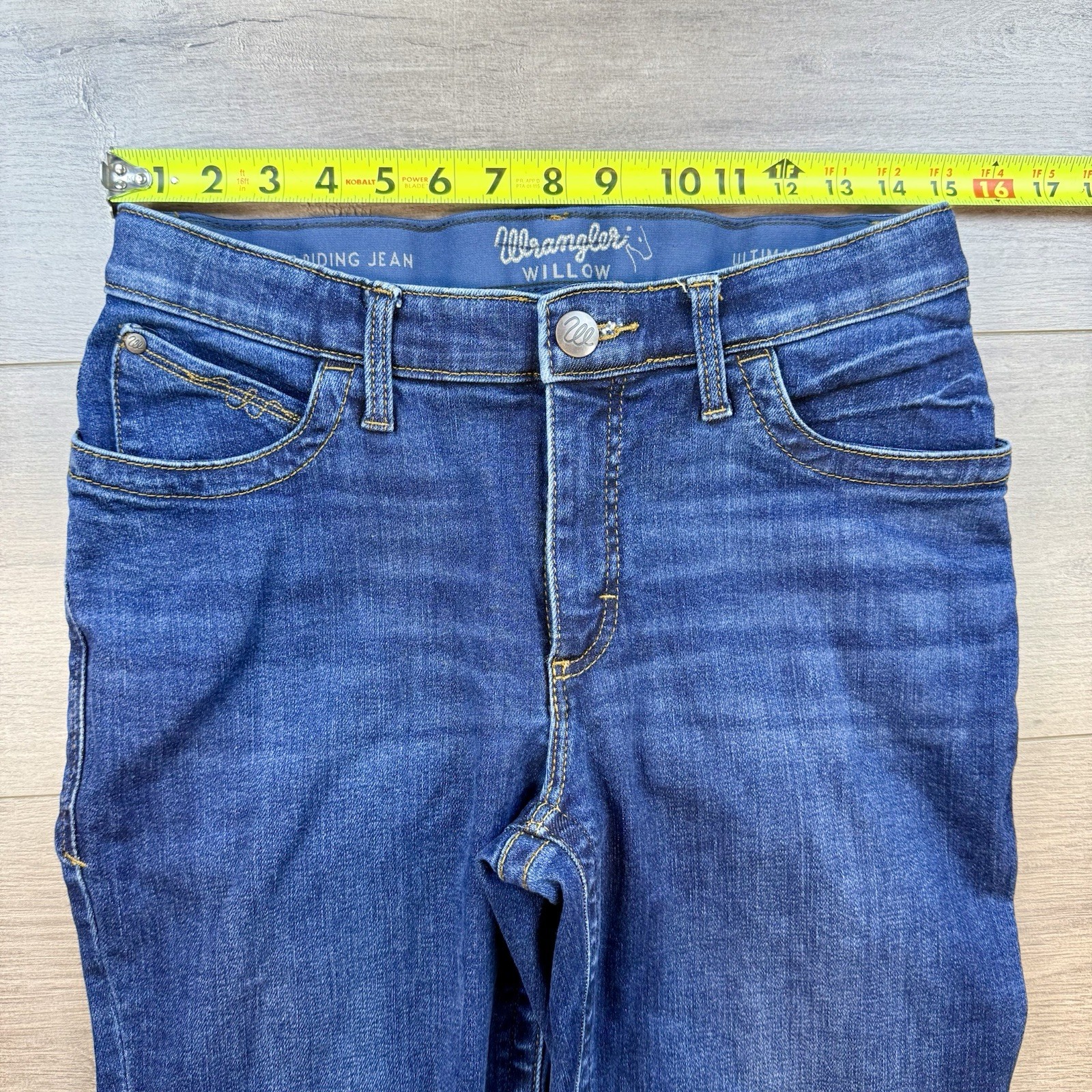 Wrangler Willow Ultimate Riding Jean 9 x 32 Blue Bootcut Stretch Denim Dark Wash