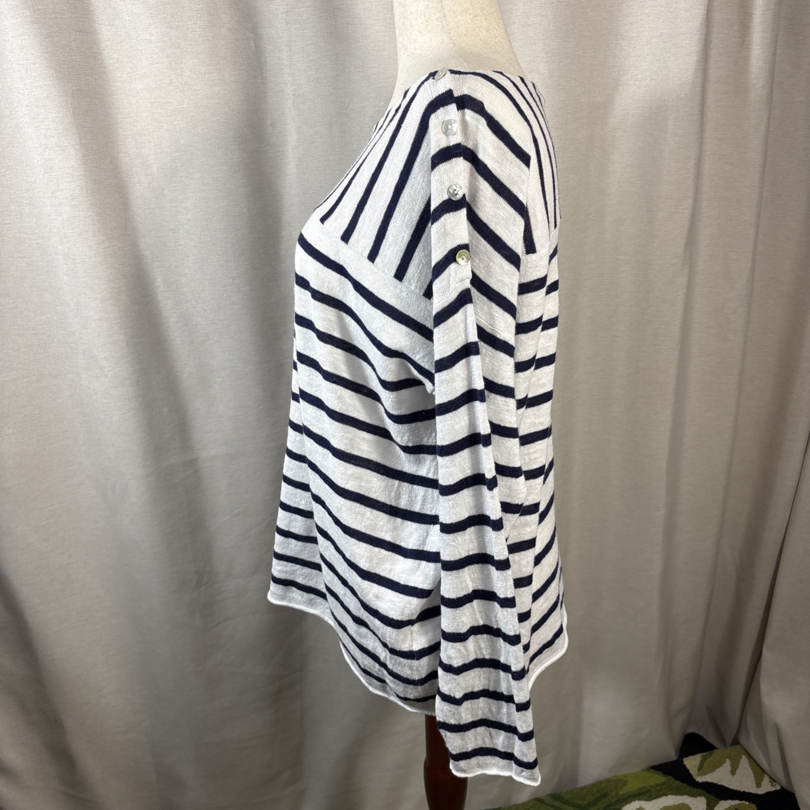 Eileen Fisher Womens Navy & White Linen Cotton Stripe Knit Sweater 1X Drapey