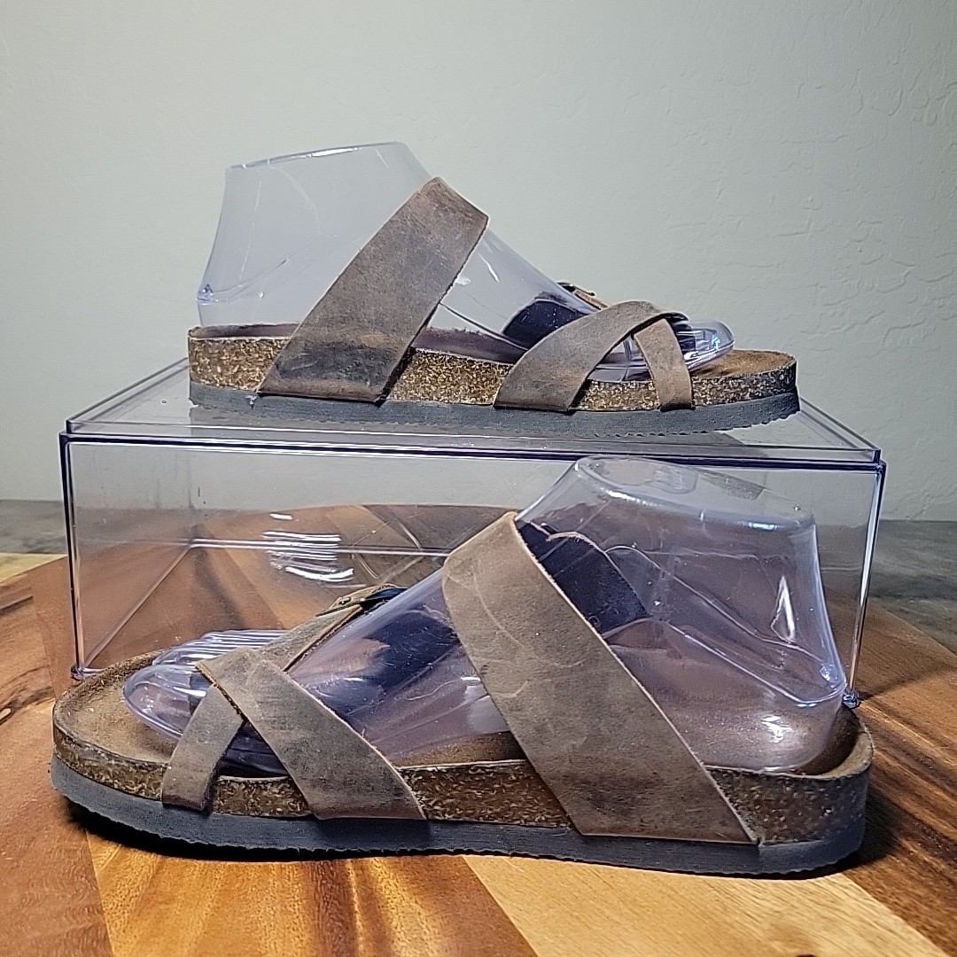 Mountain Sole Leather Strappy Toe Cork Sandals Slip On Brown Womens Size 7
