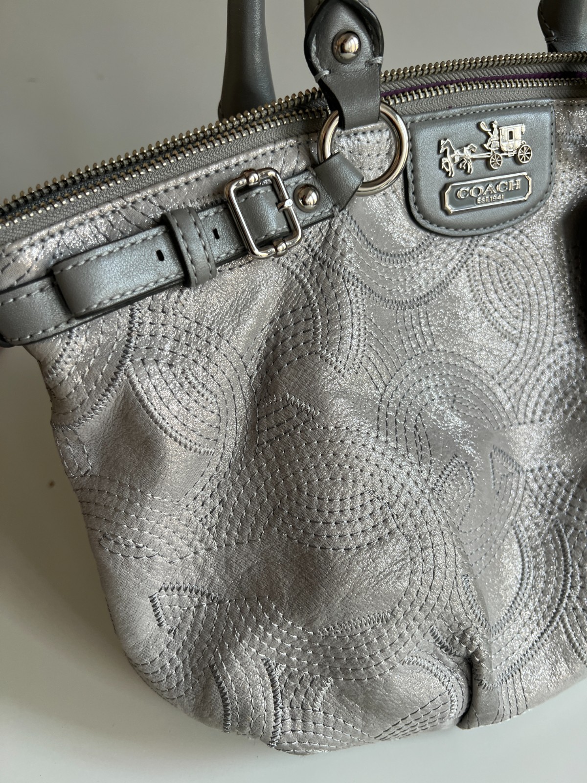 Coach 18624 Madison Sophia Stitched OpArt Satchel Handbag Satin Silver Metallic