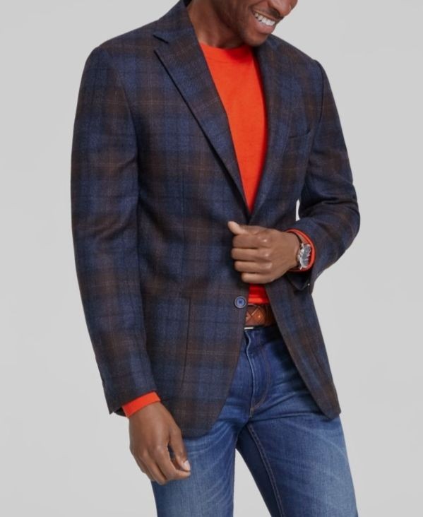 Tallia Men’s Blue Wool Blend Plaid Slim-Fit Sport Coat Size 40R