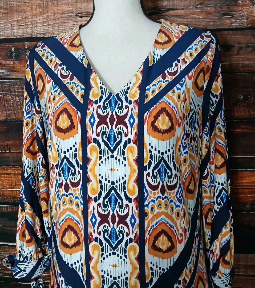 Chicos Shift Dress Size 1 US M Ikat Tie Sleeve Bohemian