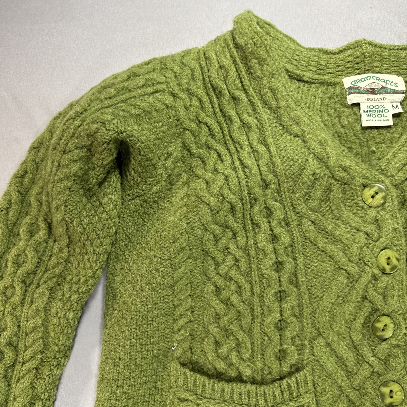 Aran Crafts Cable Knit Cardigan Womens M Green Merino Wool Ireland Cottagecore