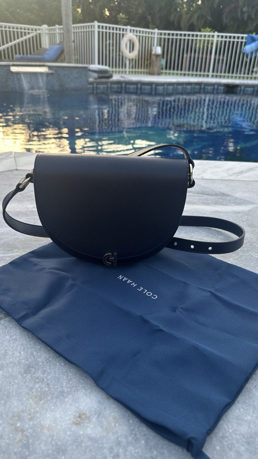 Cole Haan Evie Leather Saddle Bag Dark Navy Blue