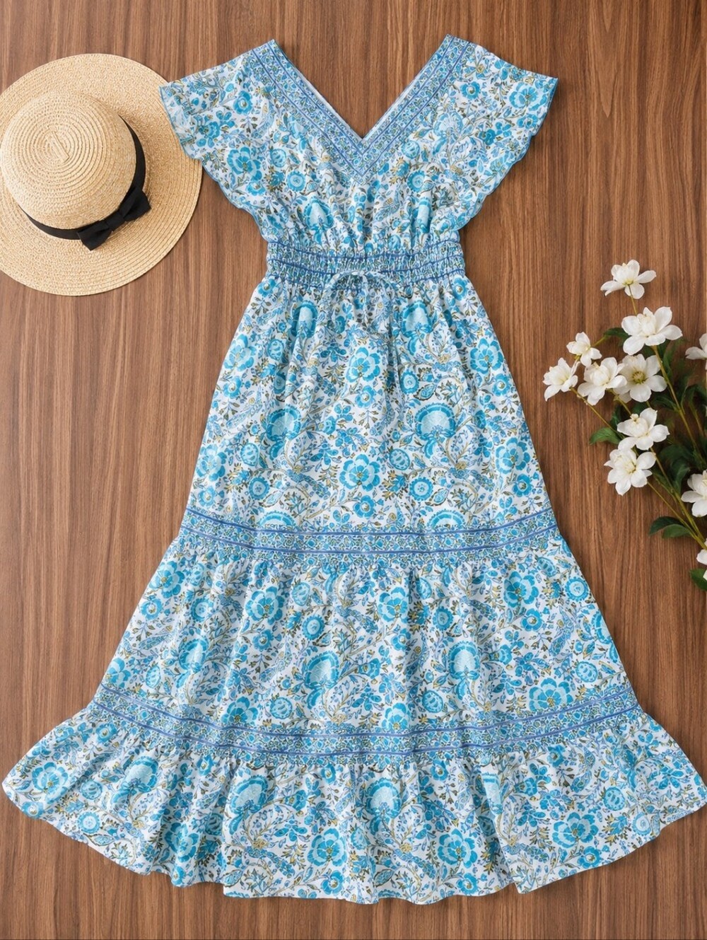Rachel Zoe Linen Maxi Dress 👀M Boho Teal V Soft Tiered Floral Romantic Pockets