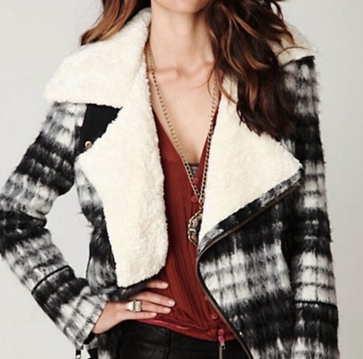 Free People Plaid Sherpa Moto Jacket Coat Size Small FP