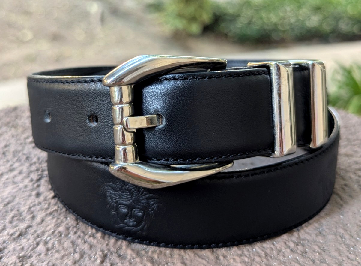 GIANNI VERSACE 90’s Silver Buckle MEDUSA Belt Black Leather Size 27 28 29 30 31″