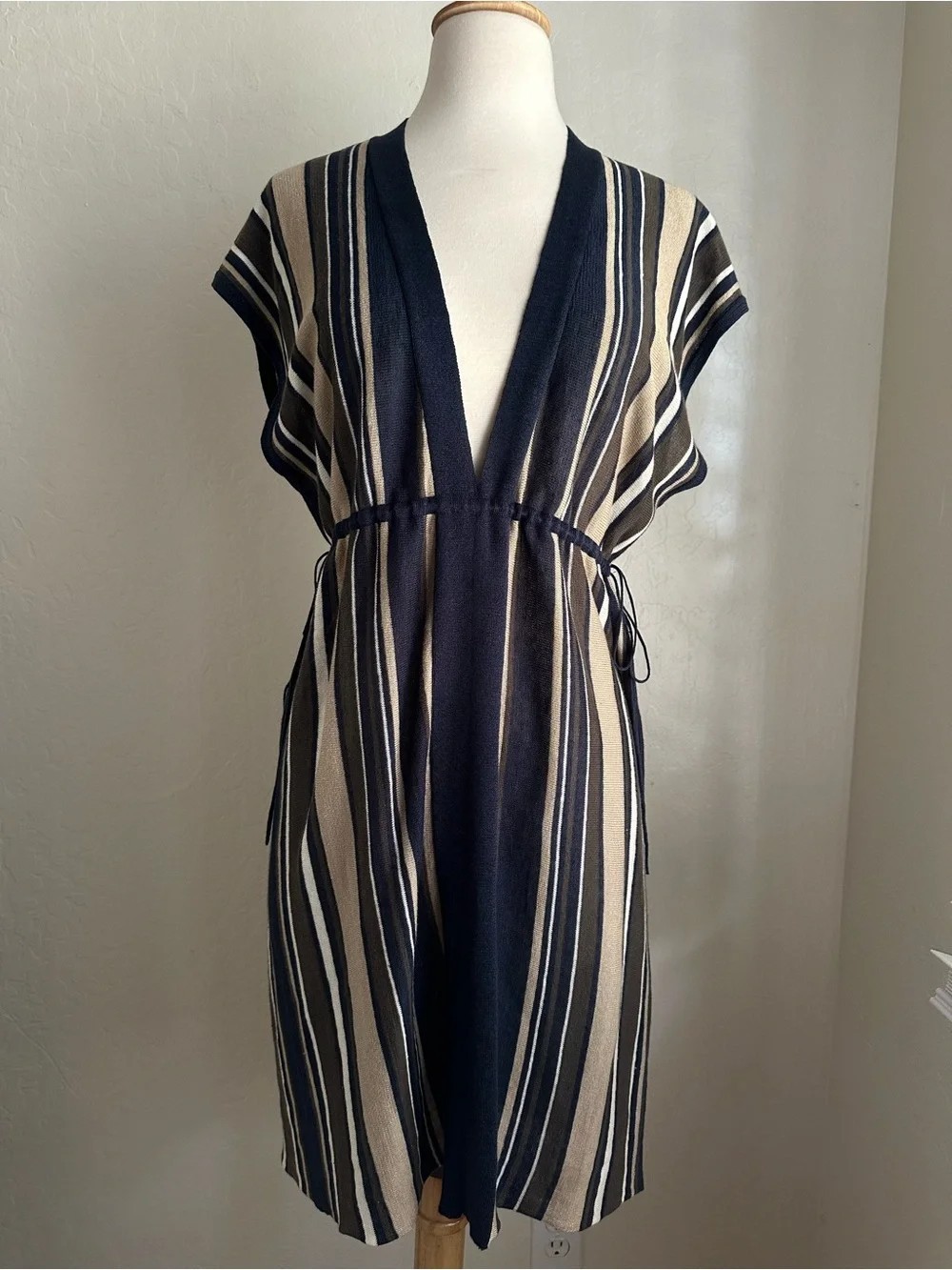Theory Navy and Cream Striped V-Neck Midi Dress