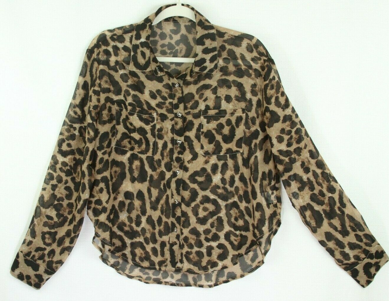 Leopard Print Top Large Animal Pattern Button Front Blouse Pockets Casual