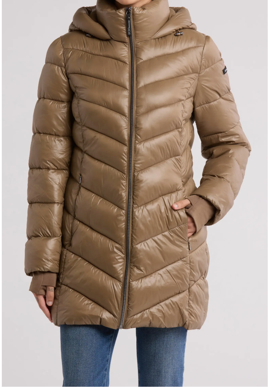 NWT BCBGENERATION Womens Hood Chevron Quilted Packable Puffer Coat Caramel L