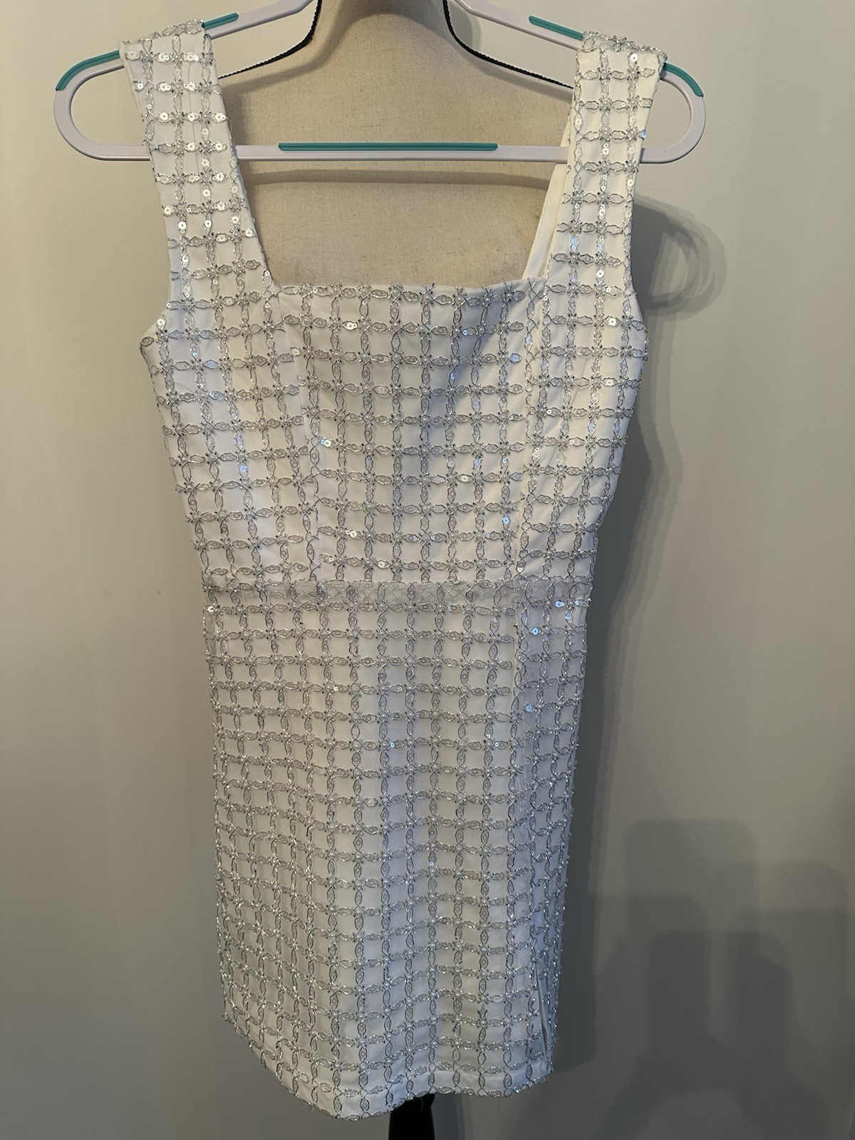 Altar’d State Women’s S White Sequin Geometric Square Neck Sleeveless Mini