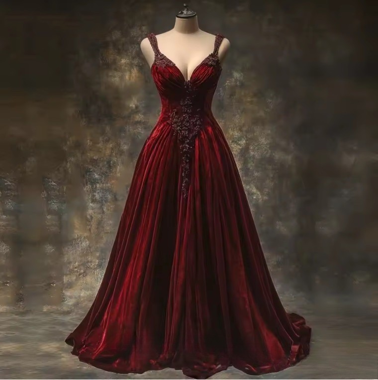 Victorian-style Ball Gown, Black Burgundy Gothic Lace Appliquéd Evening Dress