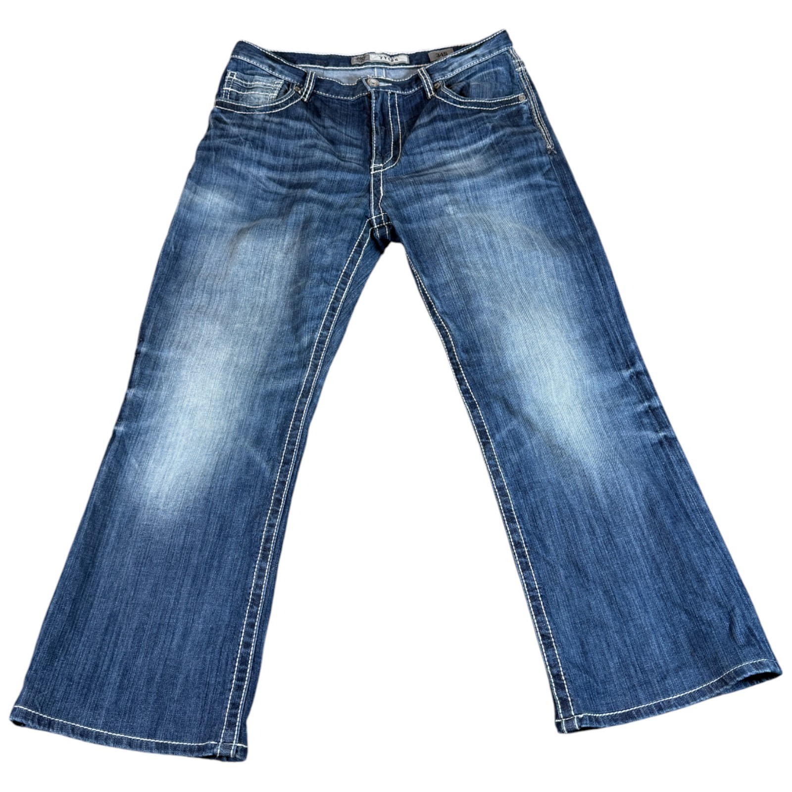 Buckle BKE Tyler Jeans Mens 34 Blue Denim Stretch Med Wash Boot Leg Distressed