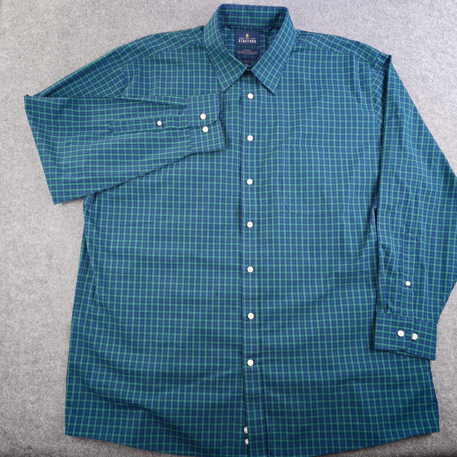 Stafford Travel Performance Super Shirt Mens 18 34/35 Blue Green Check Point