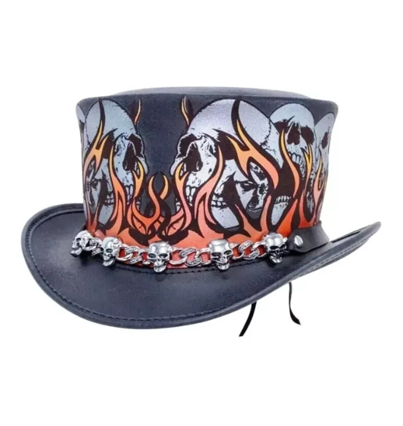 Leather Top Hat Steampunk Skull Printed Skull Band El Dorado Leather Top Hat