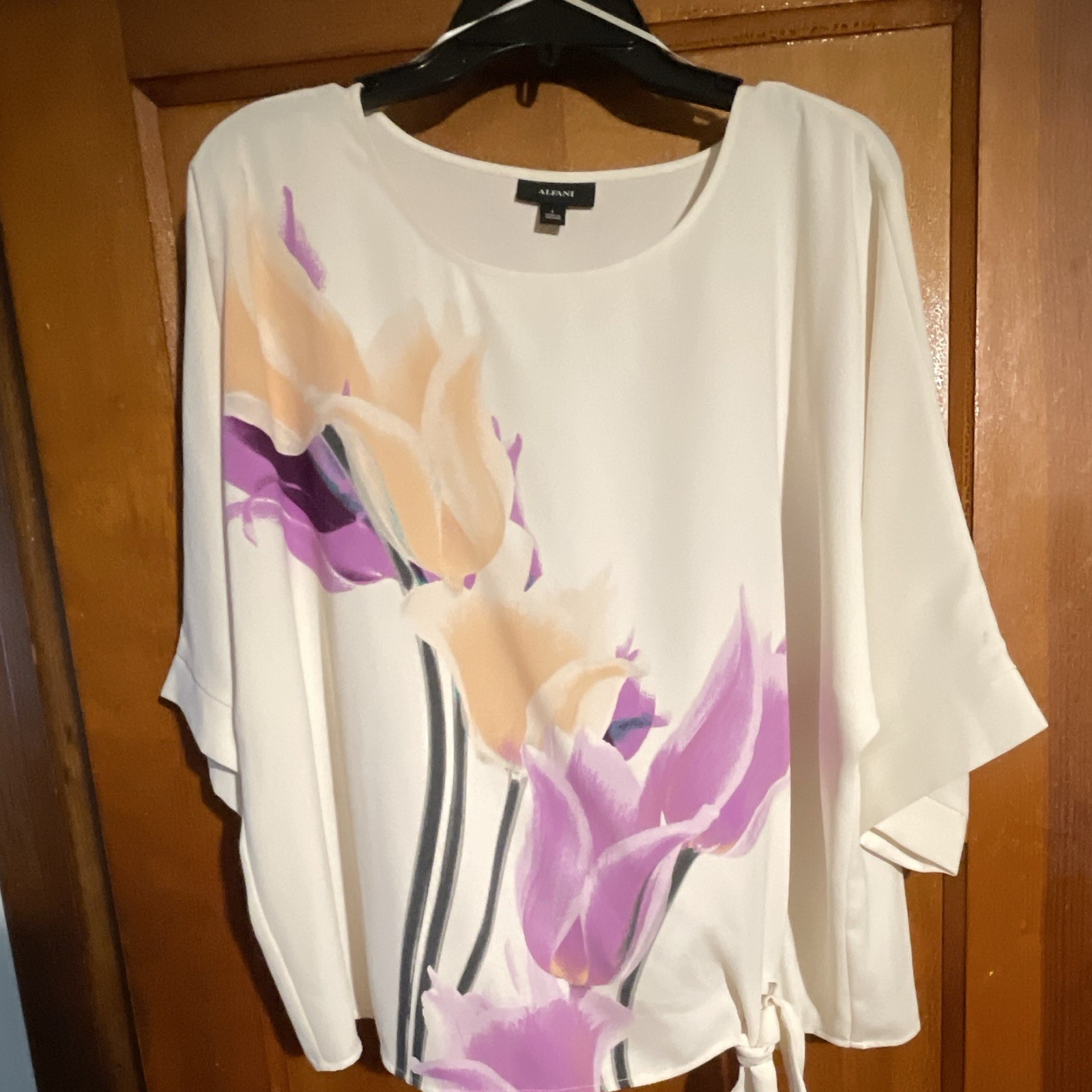 Alfani White Floral Chiffon Kimono Short Sleeve Tie Hem Round Neck Blouse L