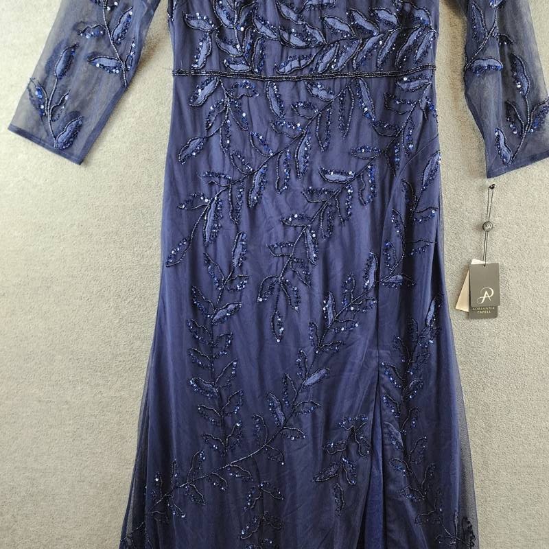 Adrianna Papell Long Sleeve Fully Beaded Mob Column Gown Women’s 10 Blue