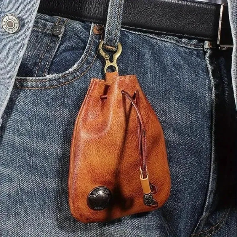 Leather Wallet Coin Pouch Case Drawstring String Bag Small Purse For Men Women