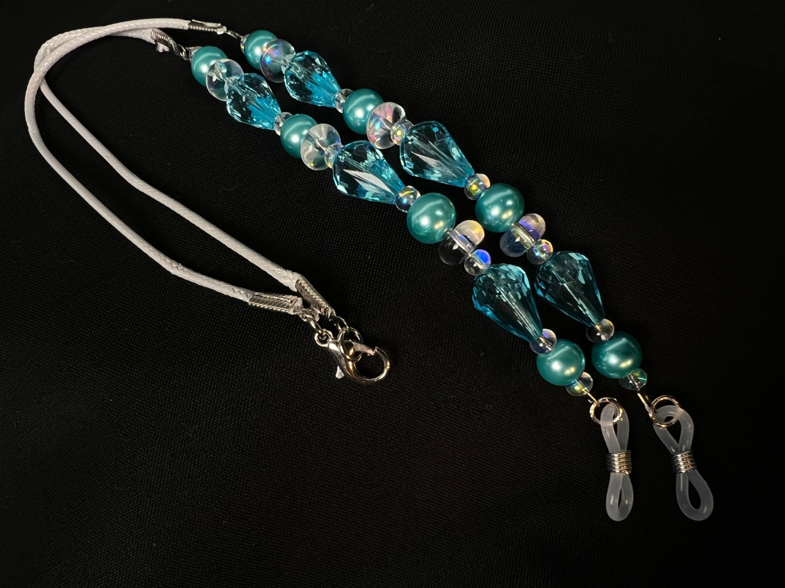 Handmade Eyeglass Chain: Crystal Glass Beads, Teal, Green, Blue, Sea Glass Look