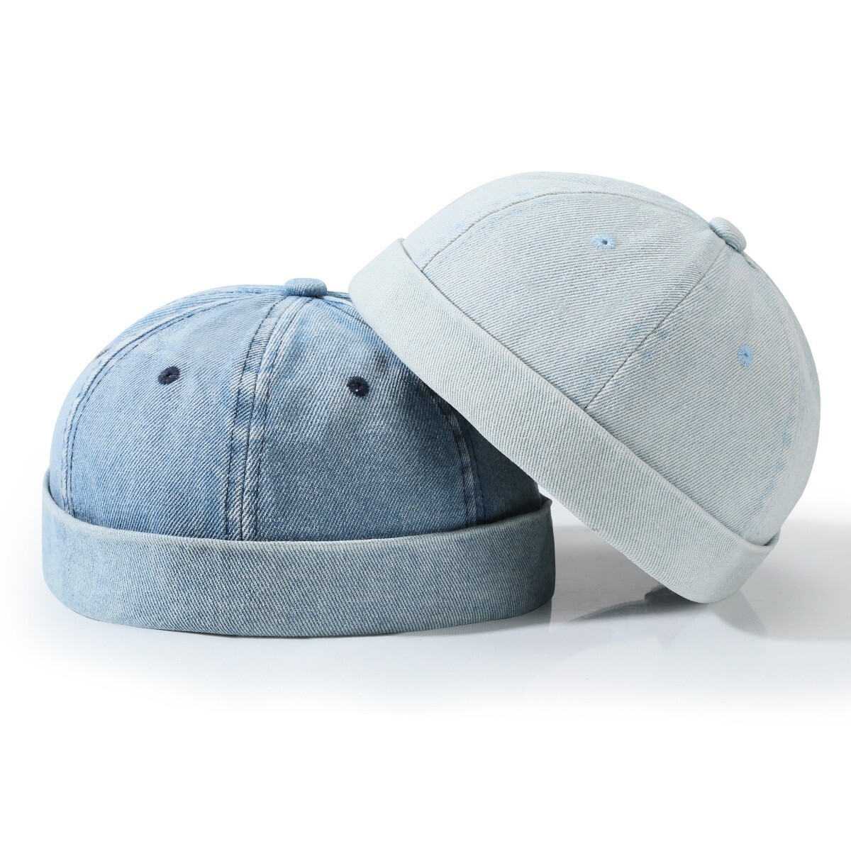 Men Denim Retro Brimless Hat Skull cap Sailor Cap Beanie Rolled Cuff Adjustable