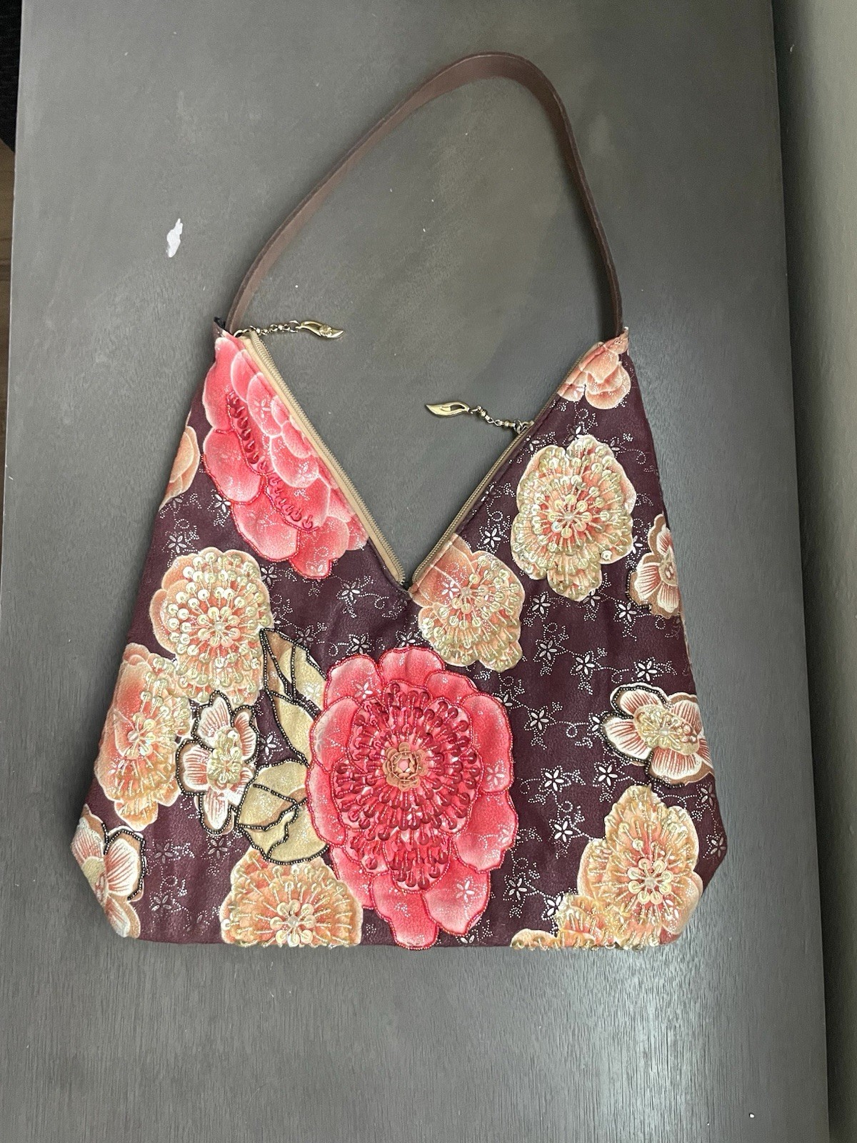 Japanese Kimono Beaded Metallic Floral Brocade Shoulder Purse Fabric Hobo Bag