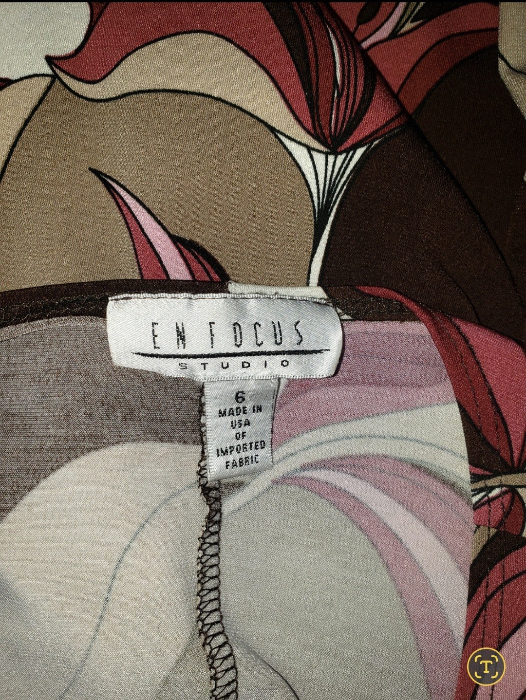 EN FOCUS STUDIO Women’s 6 Burgundy Beige Pink Abstract V-Neck Tie A-Line Dress