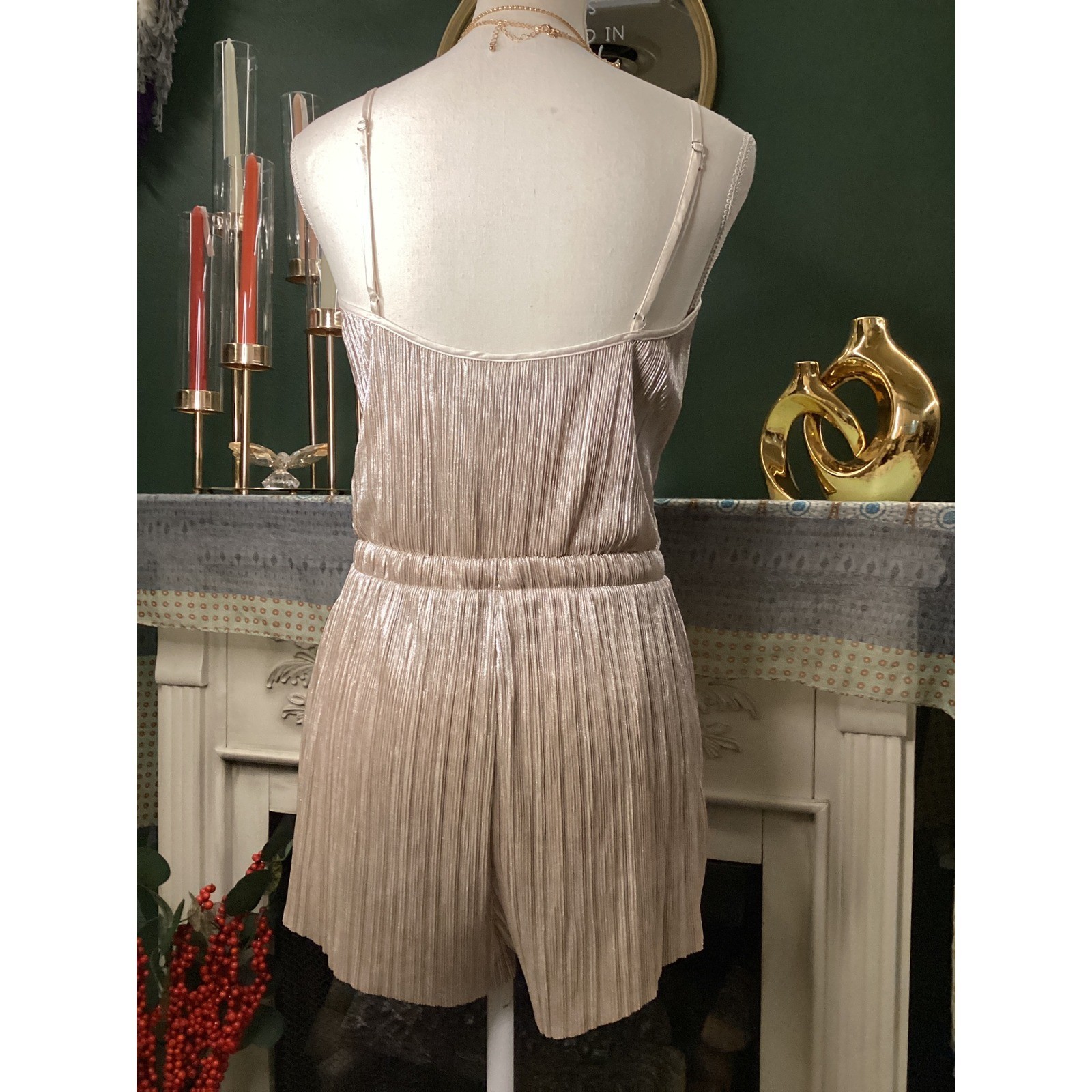 Victoria’s Secret Champagne Gold Pleated Romper Metallic Shimmer Sleepwear M
